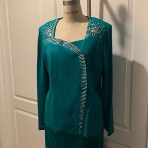 Teal Embellished Long Sleeve Top knit with skirt